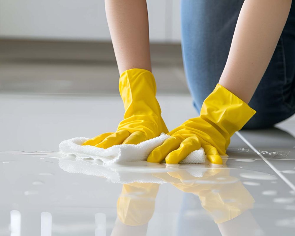 Woman in glove cleaning floor with rag, closeup