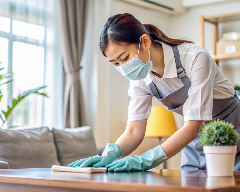 Young woman in face mask and gloves cleaning home in room housekeeper is wipe with fabric, housemaid